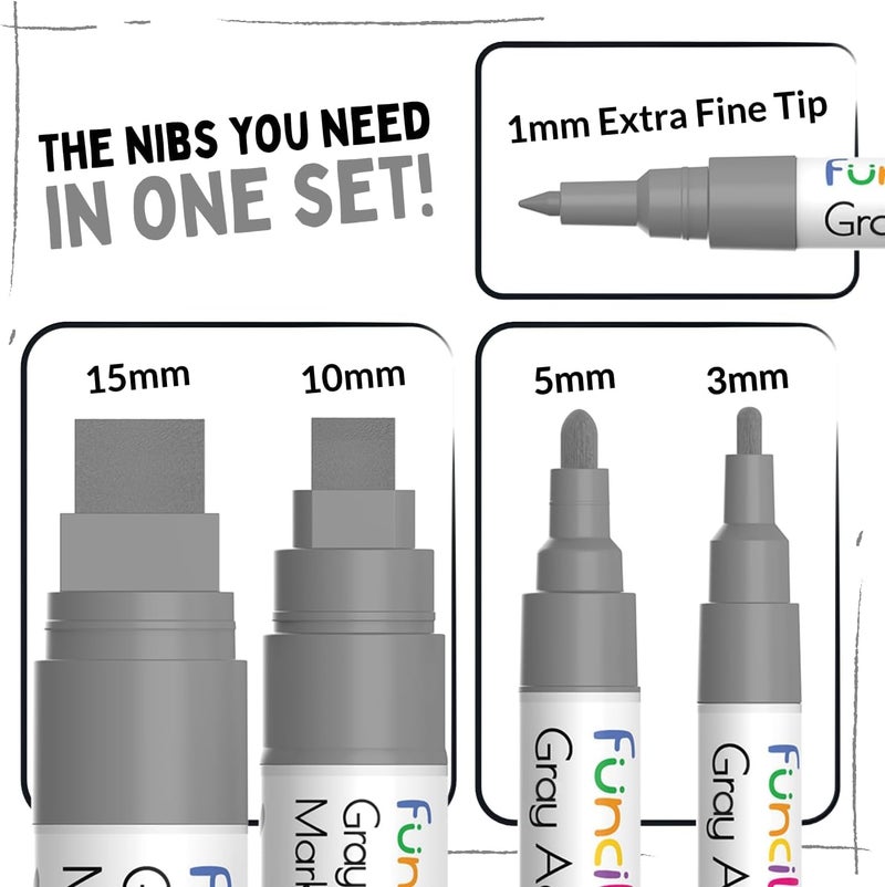 Funcils 5 Grey Acrylic Paint Pen - Fine Tip, Thin Point & Jumbo Pens (1mm, 3mm, 6mm, 10mm, 15mm) - Gray Paint Marker for Fabric, Canvas, Wood, Rock Painting, Tire, Metal, Glass - Water-based ink - Image 2